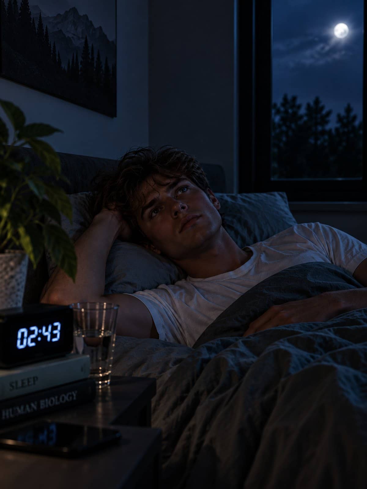 A young man lies on his back in a dark bedroom, wide awake, one arm tucked under his head. Beside the bed a clock reads 02:43, next to a glass of water and two books, and a full moon hangs in the window.