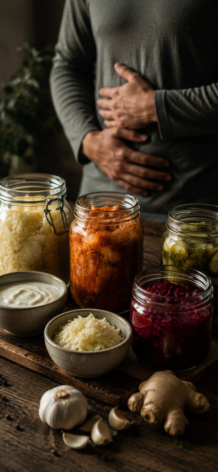 Somebody rests both hands on their belly. On the wooden table in front of them stand jars of sauerkraut, kimchi, pickles and beetroot, two bowls holding yoghurt and cabbage, and fresh garlic and ginger.