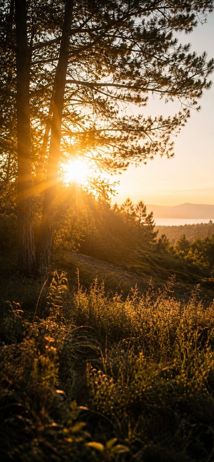The sun sits low and breaks through the trunks of a pine wood. The grass in the foreground catches the backlight, and a lake and the hills beyond it lie in the distance.