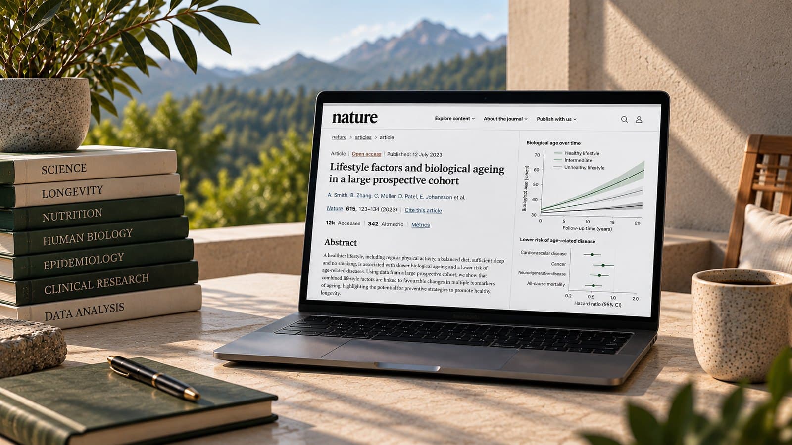 A laptop on a stone table outdoors, a scientific article and two charts on the screen, next to a stack of books on longevity, epidemiology and more