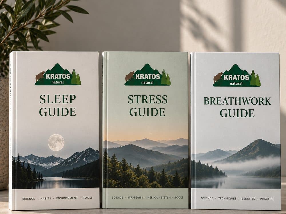 Three hardback guides side by side against a pale wall, their covers reading Sleep Guide, Stress Guide and Breathwork Guide, each with the logo and a mountain landscape below it