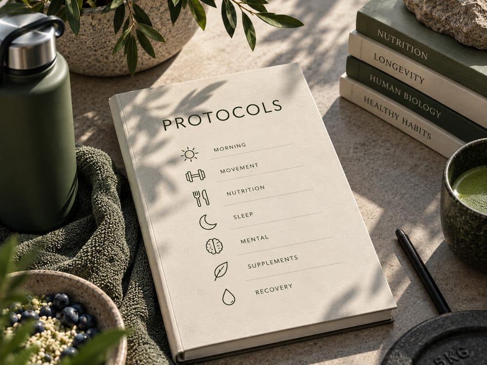 A book with Protocols on the cover, listing morning, movement, nutrition, sleep, mental, supplements and recovery, each with its own icon, among a water bottle, a bowl of blueberries, a stack of books and a weight plate