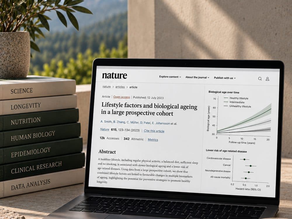 A laptop outdoors on a stone ledge, a Nature article on lifestyle and biological ageing on the screen with two charts beside it, next to a stack of books on epidemiology, clinical research and data analysis
