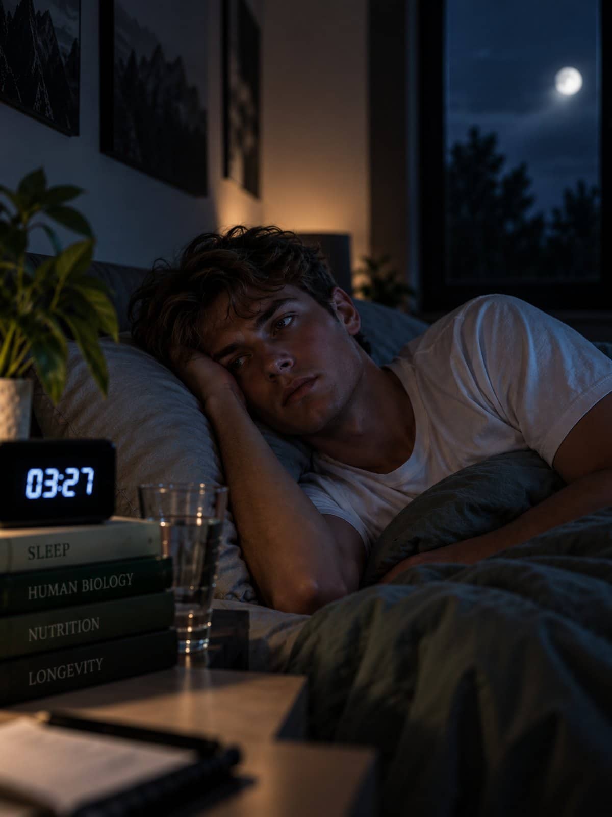 A young man lies on his side in a dark bedroom, awake, his hand under his cheek. Beside the bed a clock reads 03:27, next to a glass of water and a stack of books, and the moon hangs in the window.