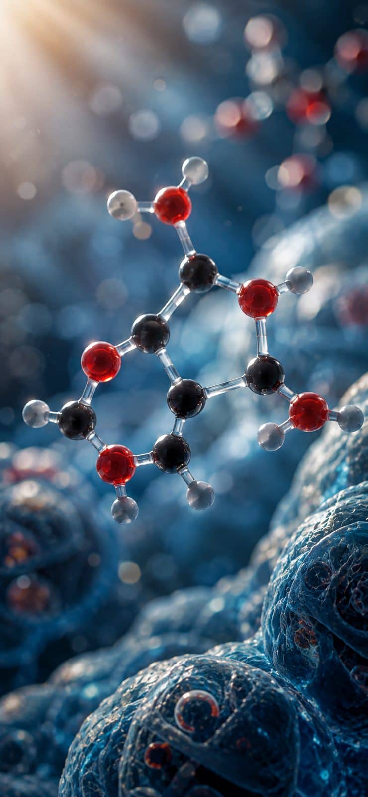 A glucose molecule as a ball-and-stick model: black carbon atoms in a ring, with red oxygen and white hydrogen around them, floating above a blue cell surface.