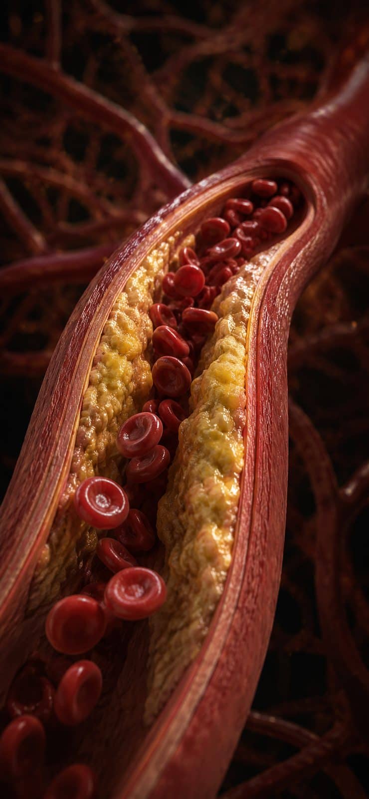 An artery in cross section, seen from the inside. Yellow plaque lies along both walls, and red blood cells push through the narrowing left between them.