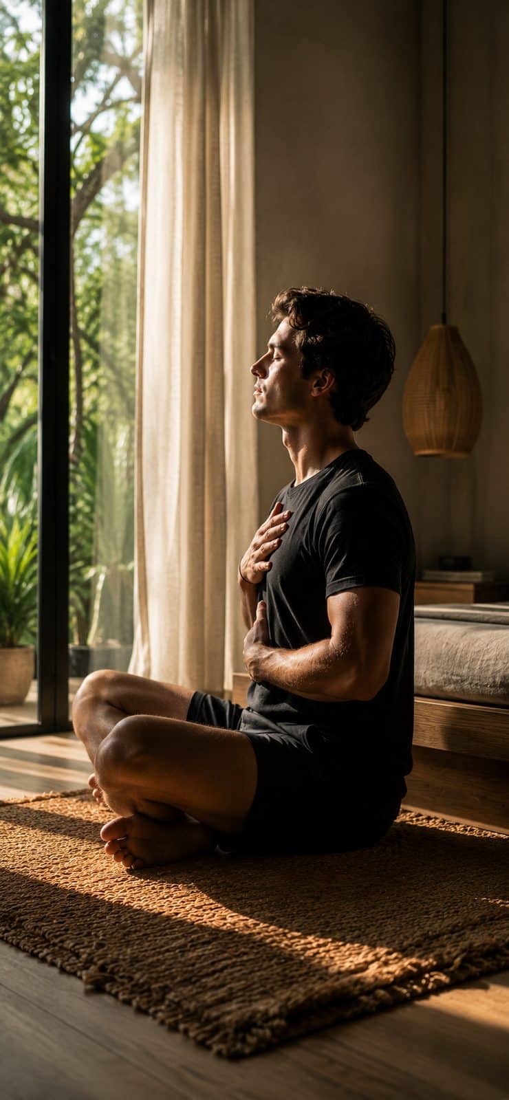 A man sits cross-legged on a mat by a tall window, eyes closed and chin slightly raised. One hand rests on his chest and the other on his belly, with trees in full leaf outside.