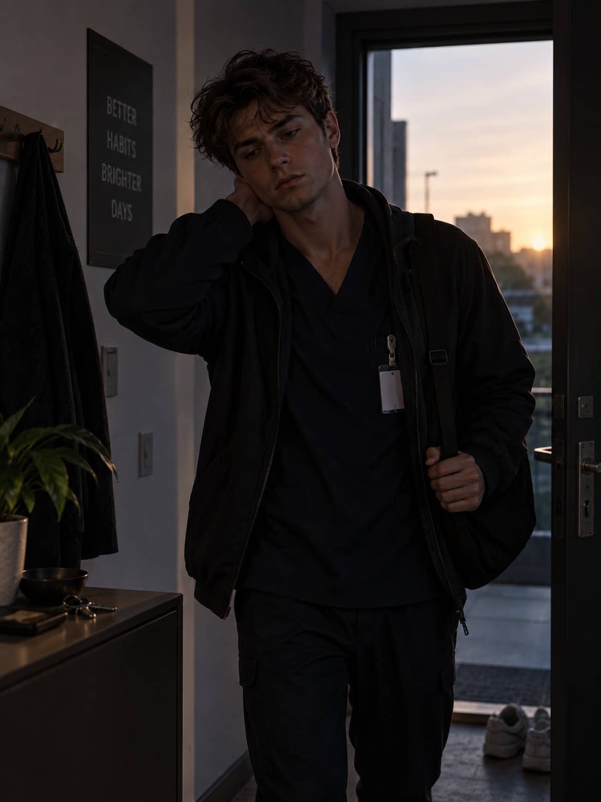 A man in dark work clothes with a staff badge steps into his hallway at sunrise, his bag still over his shoulder and a hand on the back of his neck. The door stands open behind him with the rising sun beyond it.