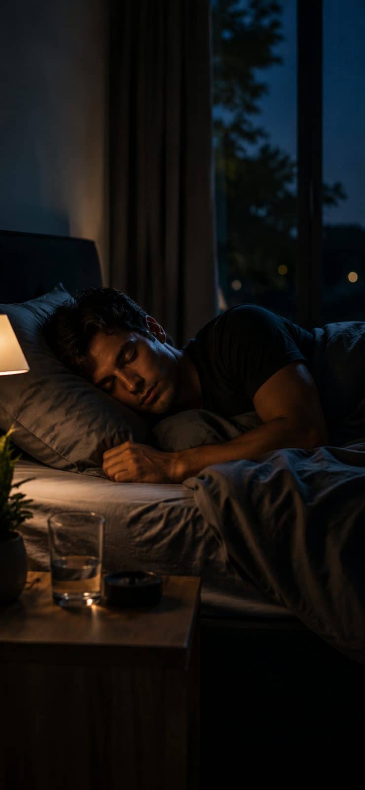 A man asleep on his side in a dark bedroom, one hand loose on the sheet in front of him. Beside the bed a small lamp gives off warm light, next to a glass of water and a plant, and the night is behind the window.