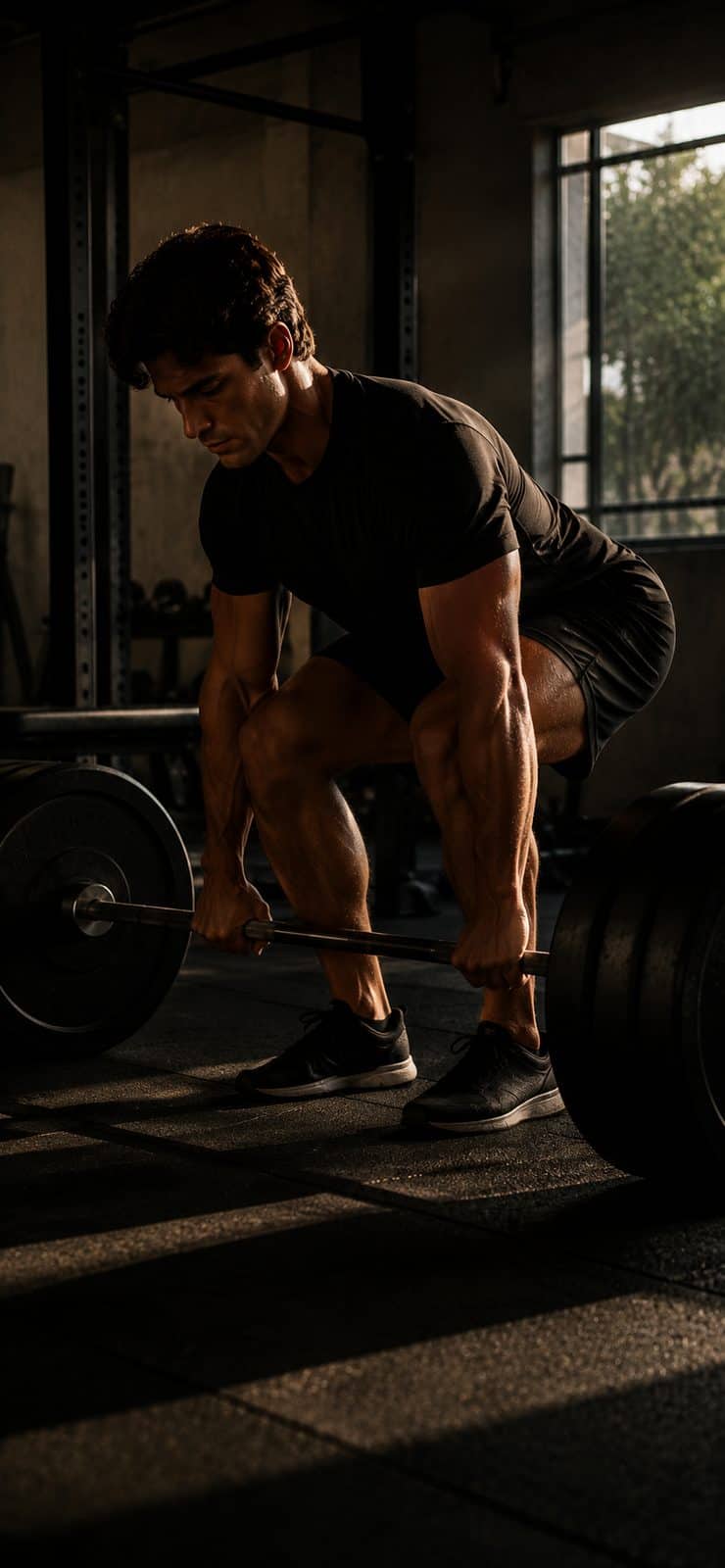 A man set up to pull a loaded barbell off the floor in a gym. His hips are down, his back is flat and his hands are on the bar, with morning light falling across the matting.