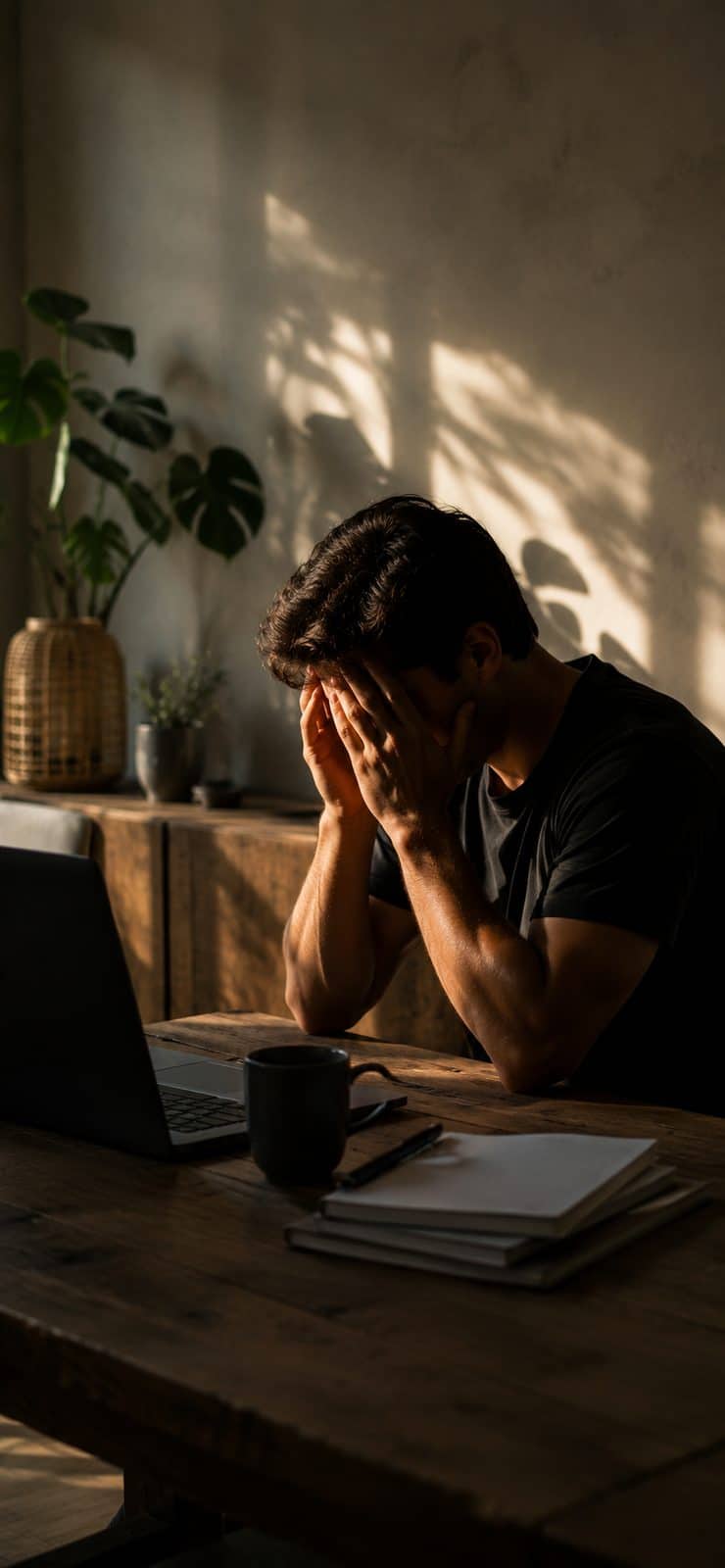 A man at a wooden table with his face in his hands. In front of him a laptop, a mug and a stack of paper, and on the wall behind him the sun draws the shadow of a houseplant.