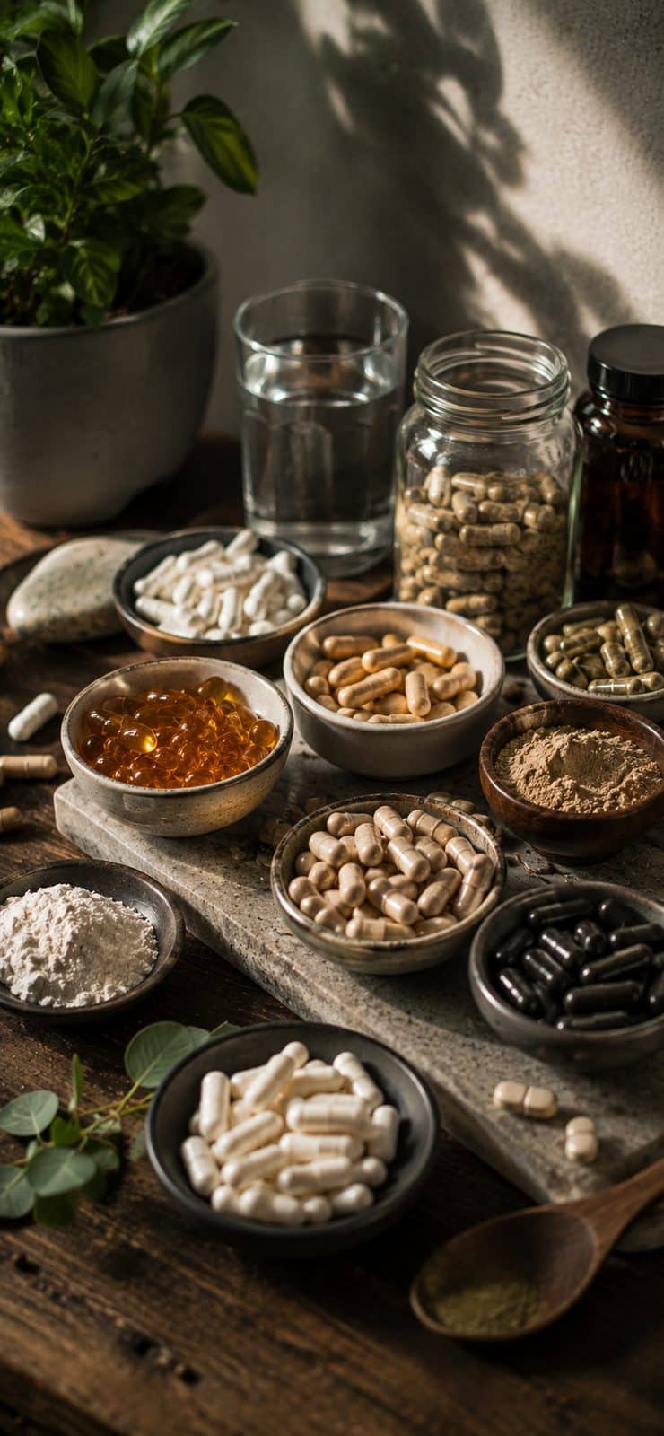 A wooden table in morning light holding about ten small bowls of capsules and powders: white capsules, beige ones, green, black, two kinds of powder, and a bowl of amber fish oil softgels. Behind them a glass of water, a preserving jar and a brown apothecary bottle, with a plant at the edge of the frame.